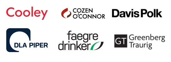 Logos for Cooley, Cozen O'Connor, Davis Polk. DLA Piper, Faegre Drinker, and Greenberg Traurig.