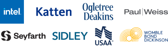 Logos for Intel, Katten, Ogletree Deakins, Paul Weiss, Seyfarth Shaw, Sidley, USAA, and Womble Bond Dickinson.