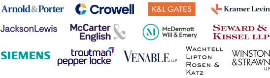 Logos for Arnold & Porter, Crowell & Moring, Jackson Lewis P.C., K&L Gates, Kramer Levin, McCarter & English, McDermott Will & Emery, Seward & Kissel, Siemens, Troutman Pepper Locke, Venable,  Wachtell Lipton Rosen & Katz and Winston & Strawn