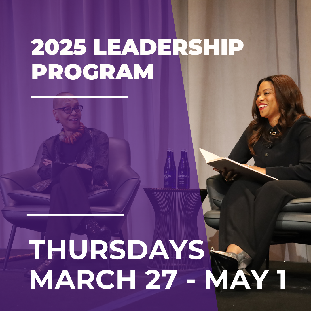 Two women sit on a stage with text overlaid: 2025 Leadership program, thursdays March 27-May 1