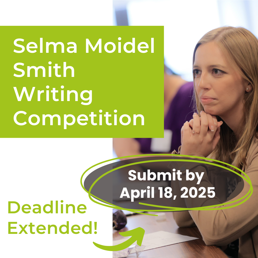 Flyer with photo of woman seated with hands under chin and text.